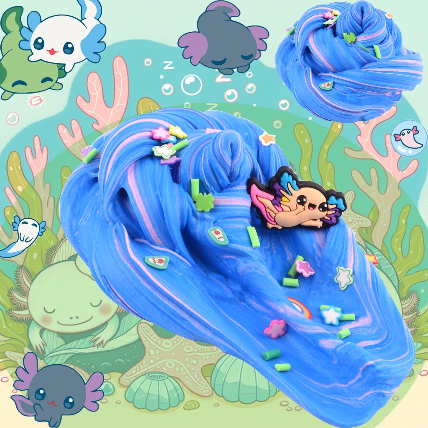 Six-pack of Axolotl slime kits with blue butter cloud dough and crystal slime, ideal for kids aged 8-12, party favors or gifts.