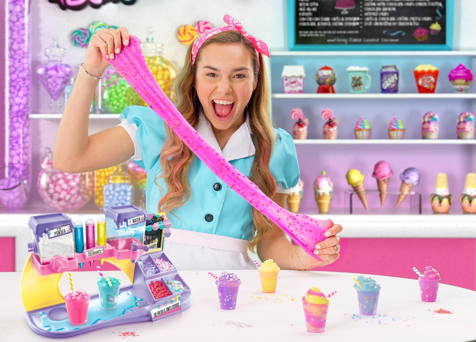 Canal Toys So Slime DIY Slimelicious Slime Station with colorful slime, decorations, shakers, and mixing tools for making scented slimes.