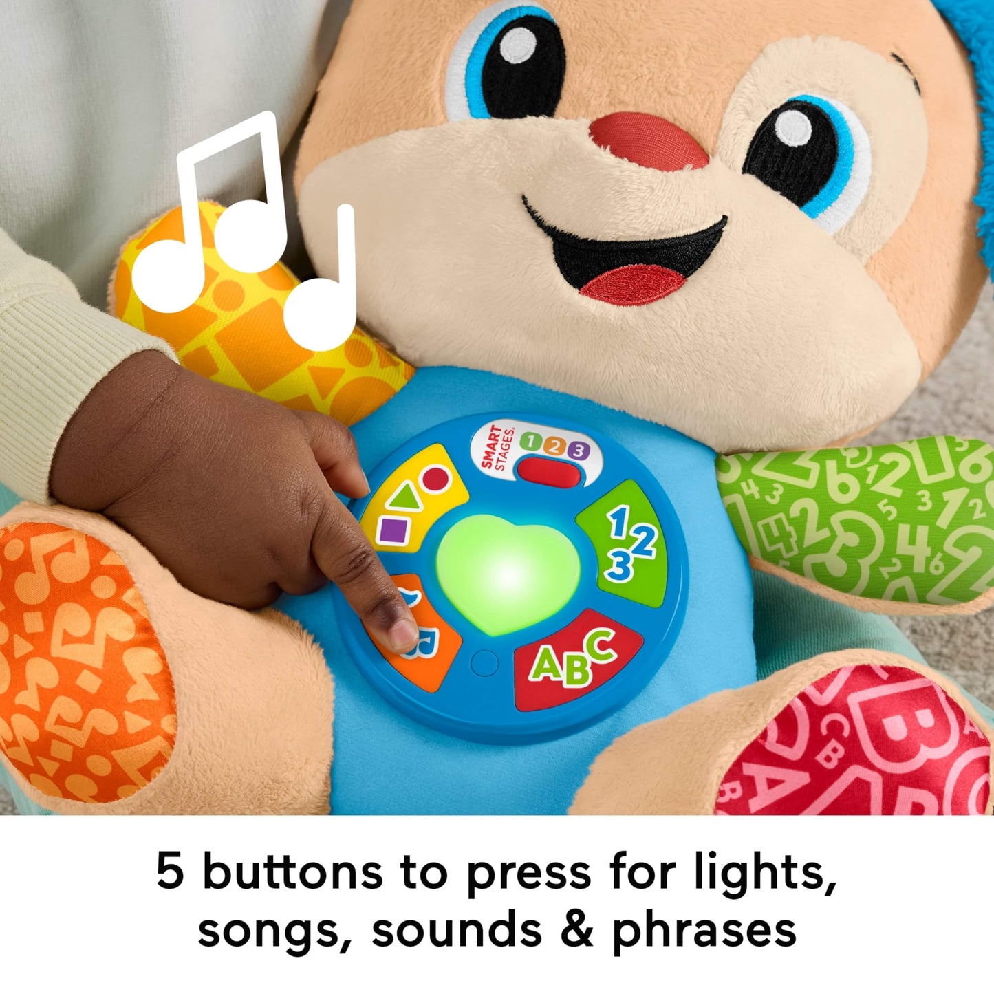 Fisher-Price Laugh & Learn Smart Stages Puppy plush toy with musical features, suitable for infants 6+ months, multilingual version.