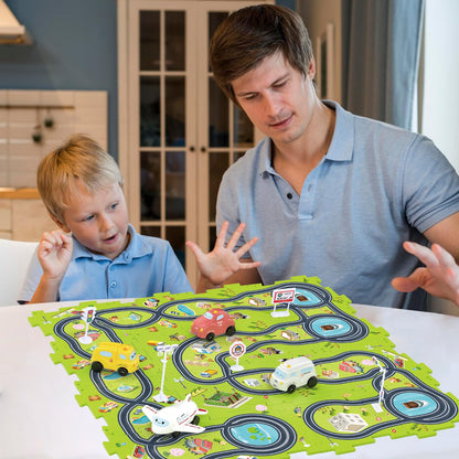 Bearbao Toddler Toys Gifts for 3 4 5 Year Old Boys, Total 16 Pieces Jigsaw Puzzle Racer Track Car Set with 2 Cars for Kids Boys 3-5, Puzzle Tracks Car Toys Gifts for 3 4 5 Years Old Boy Kids