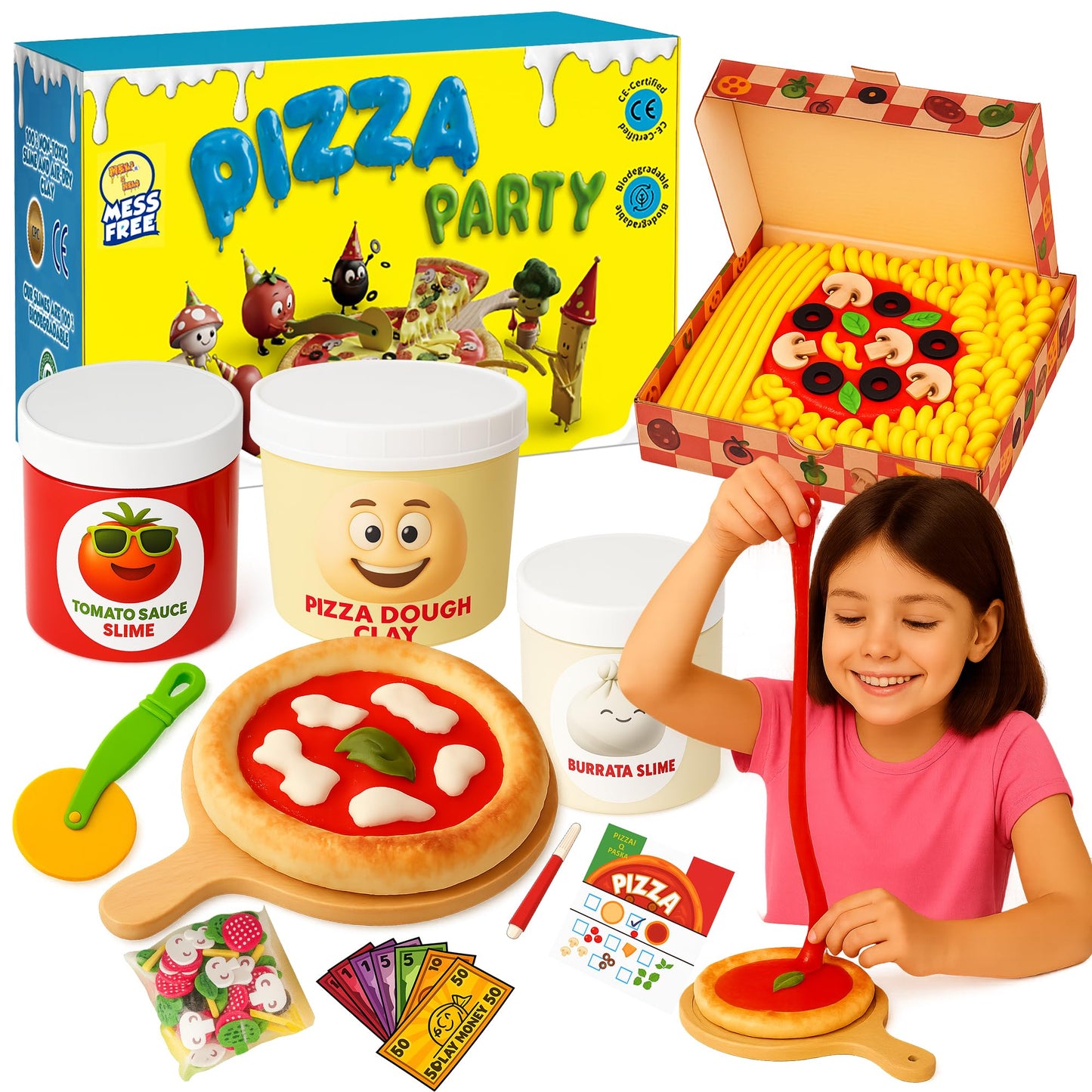 Meli&Melo slime making kit with pizza-themed non-sticky slime and air dry modeling clay for kids ages 4-12, arts and crafts activity.