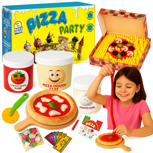 Meli&Melo slime making kit with pizza-themed non-sticky slime and air dry modeling clay for kids ages 4-12, arts and crafts activity.