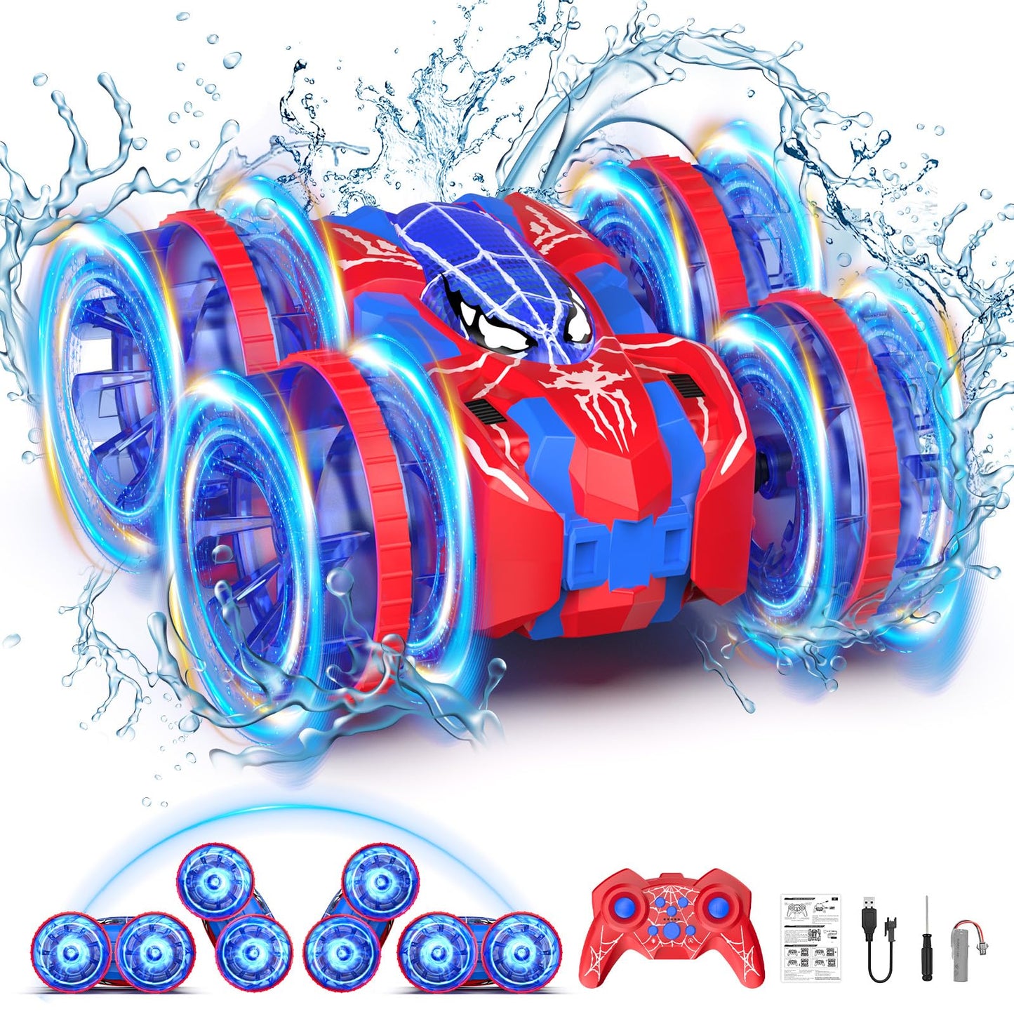 fygurso 4WD Waterproof Remote Control Car，Amphibious 2.4 GHz RC Cars Remote Control Boat，360°Rotation RC Stunt Car with LED Lights，Boys Girls Gifts All Terrain Water Beach Pool Toy