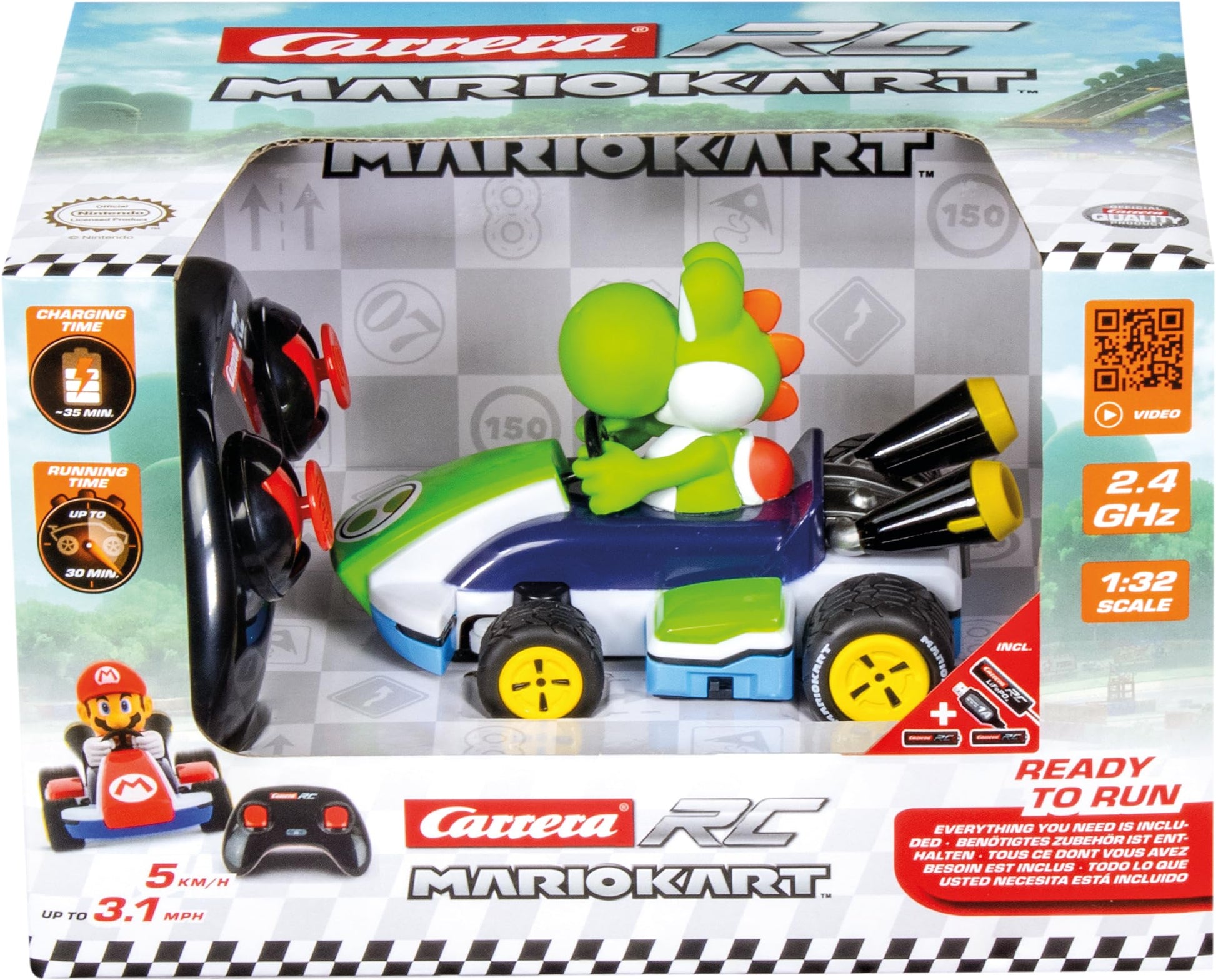 Carrera RC Mario Kart Yoshi race kart in 1:32 scale with 2.4GHz control, 12cm long, up to 5 km/h, ready-to-run for ages 6+.