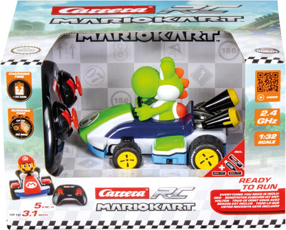Carrera RC Mario Kart Yoshi race kart in 1:32 scale with 2.4GHz control, 12cm long, up to 5 km/h, ready-to-run for ages 6+.