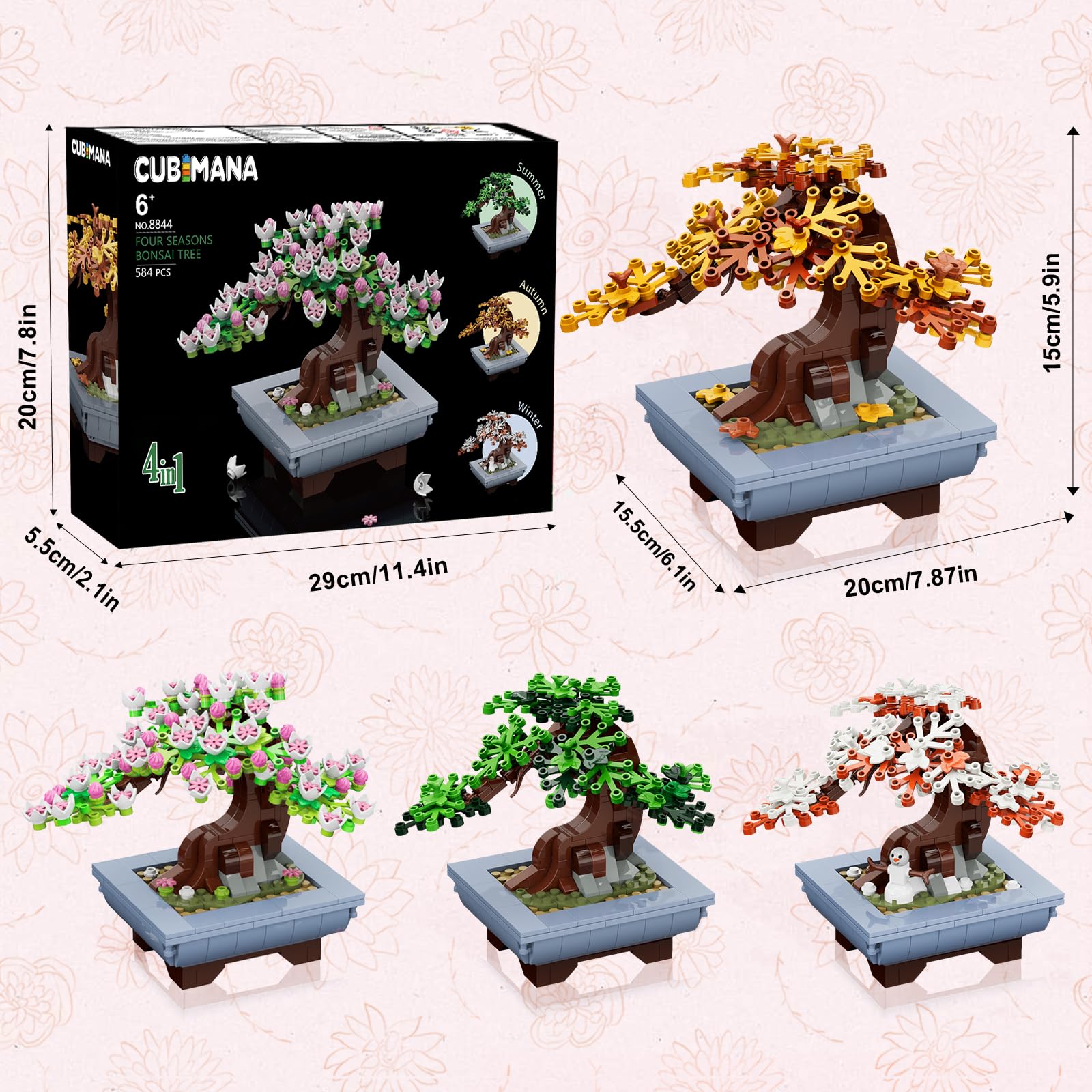 CUBIMANA Cherry Flowers Bonsai building set with 584 pieces, featuring artificial seasonal cherry blossom trees for home or office decor.