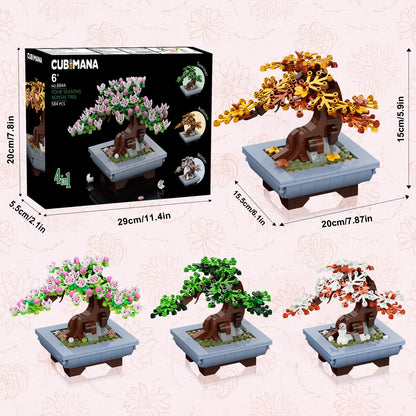 CUBIMANA Cherry Flowers Bonsai building set with 584 pieces, featuring artificial seasonal cherry blossom trees for home or office decor.