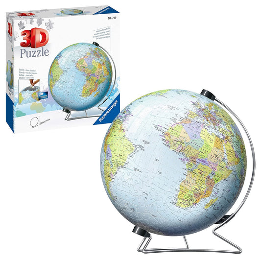 Ravensburger 3D world globe puzzle on V-stand with plastic pieces, 540-piece jigsaw for ages 10 and up, no glue needed.