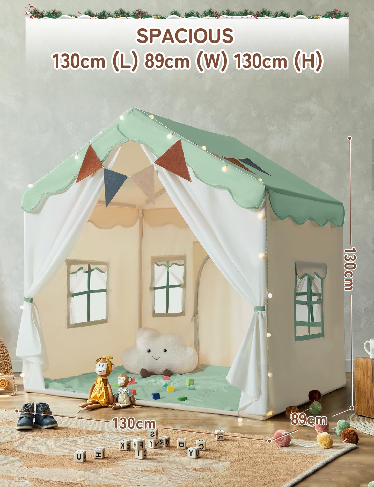 besrey 2-in-1 kids play house tent with lights, pad, and two doors, green indoor toddler tent for girls and boys, princess-themed playhouse