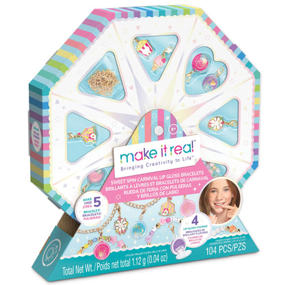 Make It Real Lip Gloss Charm Bracelet Maker - Bracelet Making Kit with Lip Gloss Charms, Beads, Chain & Cord - Jewellery Craft Sets for Girls - Create Bracelets with Cute Charms, Birthday Gift