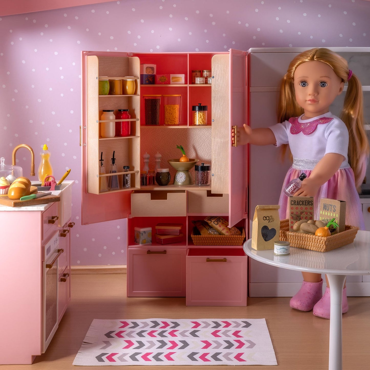 Our Generation Pretty Pantry Furniture Set with pink cupboard and food accessories for 18-inch dolls, ideal for pretend play.