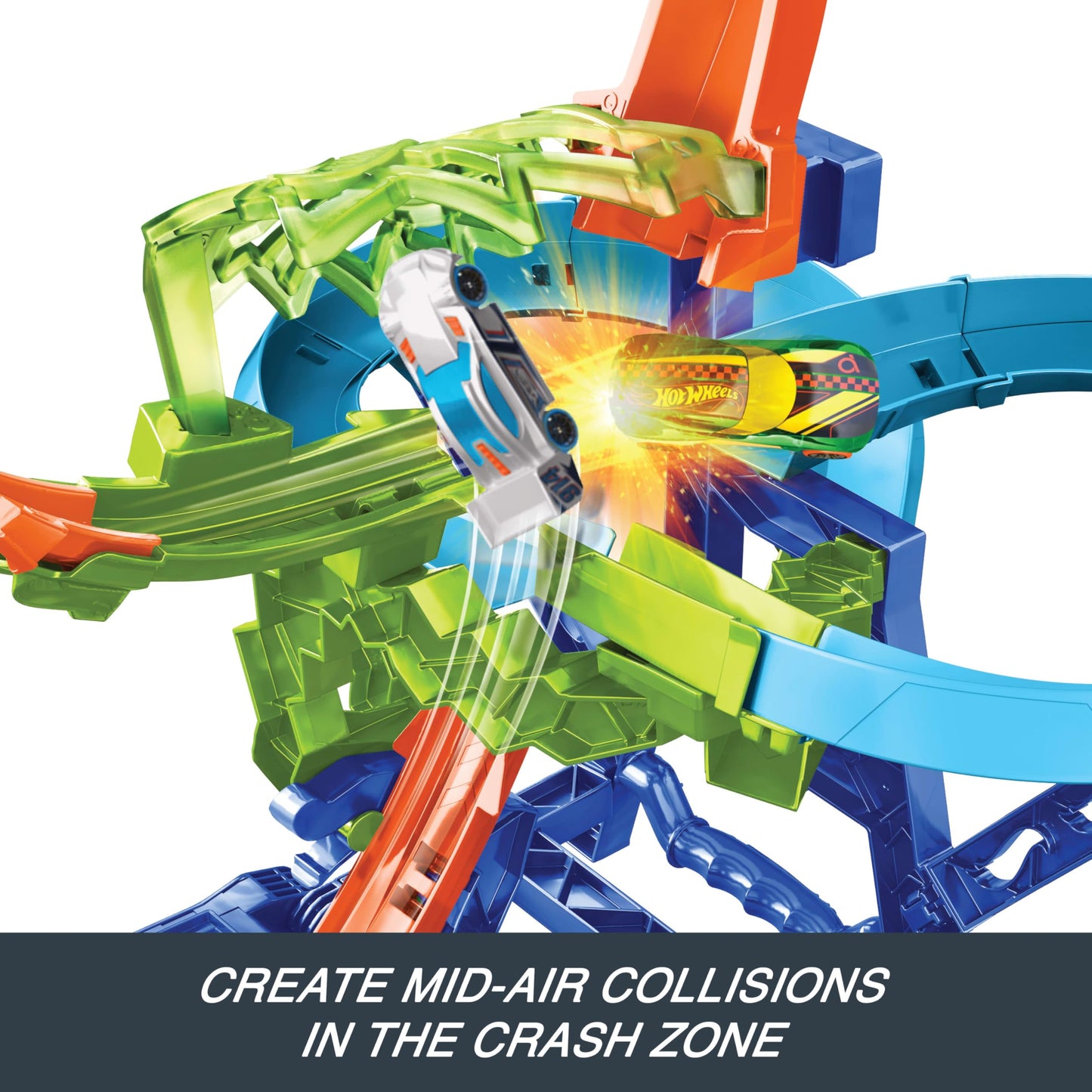 Hot Wheels stunt track set featuring mid-air crash, motorized booster, and 1:64 scale die-cast toy car.