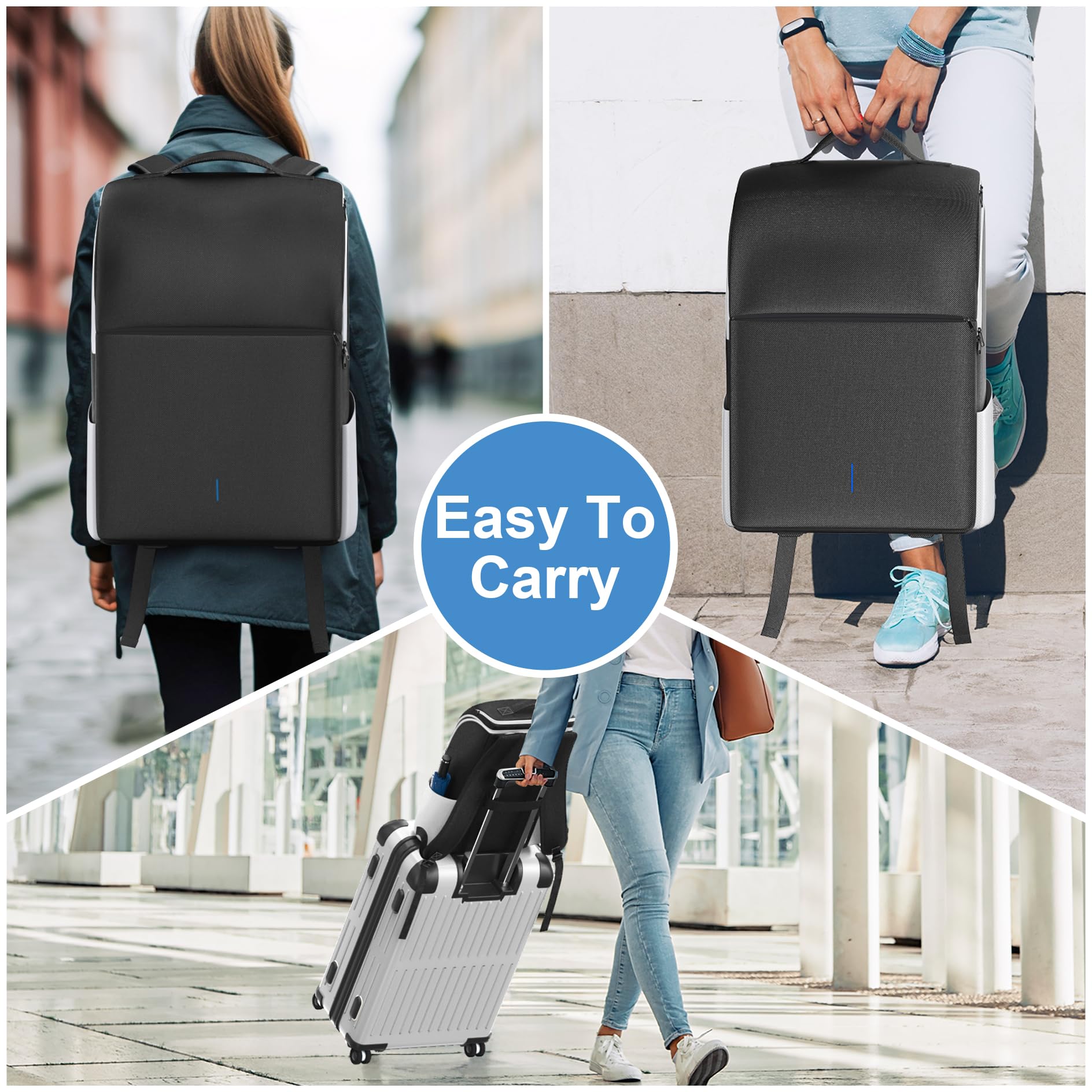 Rysker PS5 Slim/Pro console backpack in white with full protection, large capacity, multiple pockets, and space for laptop and game cards.