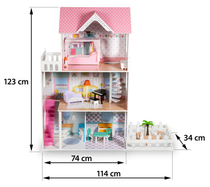 Mamabrum Wooden Dolls House XXL with Terrace Garden, LED Lights, Furniture & Accessories Included, 3-Storey Houses & Wooden Sweet Playhouse with Painted Roof & Walls for Little Girls, Rose/Light Blue