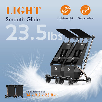 Beberoad R1 Auto-Fold Double Stroller Tandem Pushchair, Ultra Compact Double Pushchair Buggy Pram for Babies Over 6 Months, Side by Side Pram, Can Turn into Two Single Strollers, Only 23.5 lbs, Black