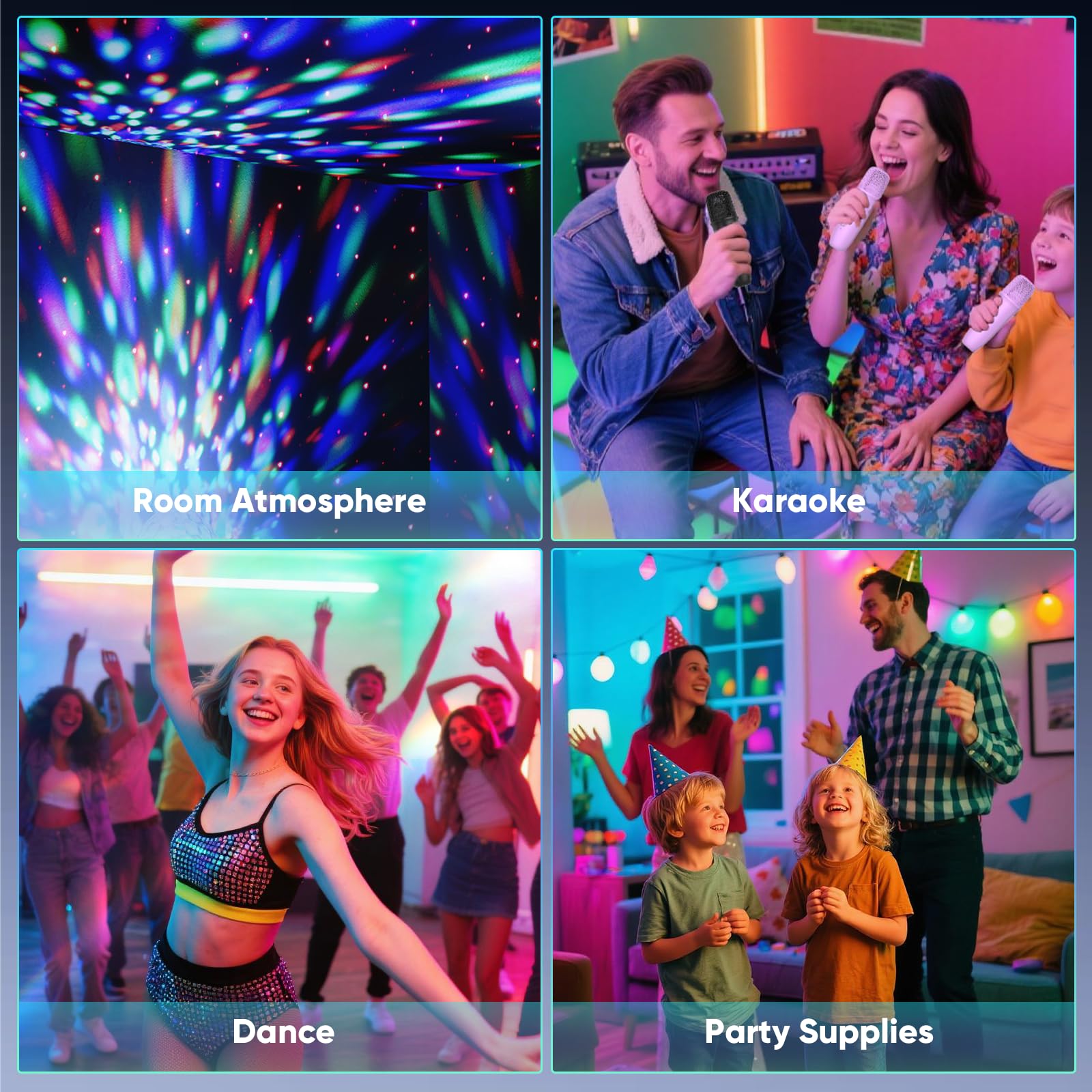Dislocati mini karaoke machine with two microphones, LED disco lights, suitable for girls' birthday parties and family celebrations.