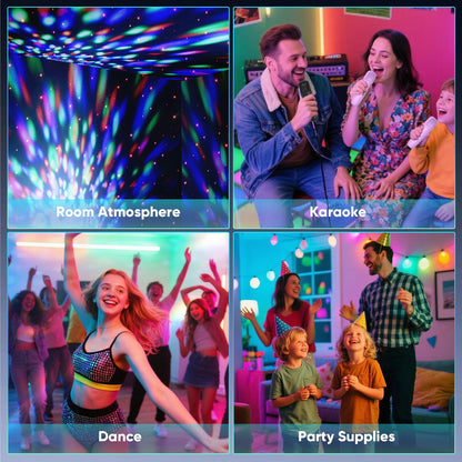 Dislocati mini karaoke machine with two microphones, LED disco lights, suitable for girls' birthday parties and family celebrations.