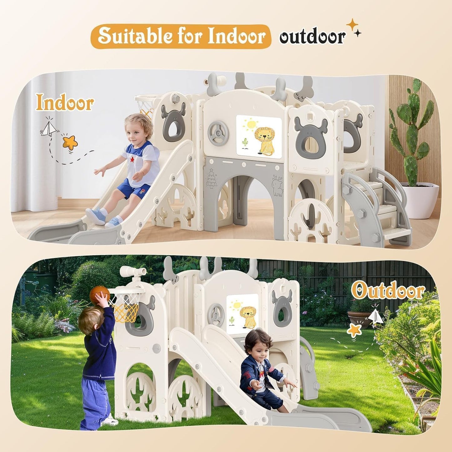 Kids Slide,Indoor Thickened Widened toddler slide with basketball hoop, climbing frame for the garden,storage space slide ((7-in-1 Elk Slide-Beige Gray))