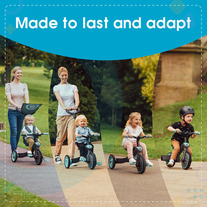 Globber Baby’s Explorer Trike, Premium 4 in 1 Trike System (10mnths-5yrs) with 5 Point Safety Harness, Removable Bar and Adjustable Padded Seat, Sun Canopy, EVA Comfort Wheels, Adaptable Parent Handle