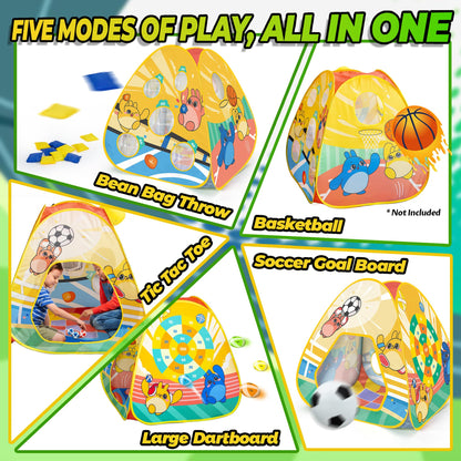 5-in-1 Kids Play Pop Up Tent with Bean Bag Toss Game Outdoor Toys, Tic Tac Toe, Dartboard,Soccer, Basketball, Carnival Outside Combo Set for Backyard Beach Lawn Party Fun, Birthday Gift for Boys Girls