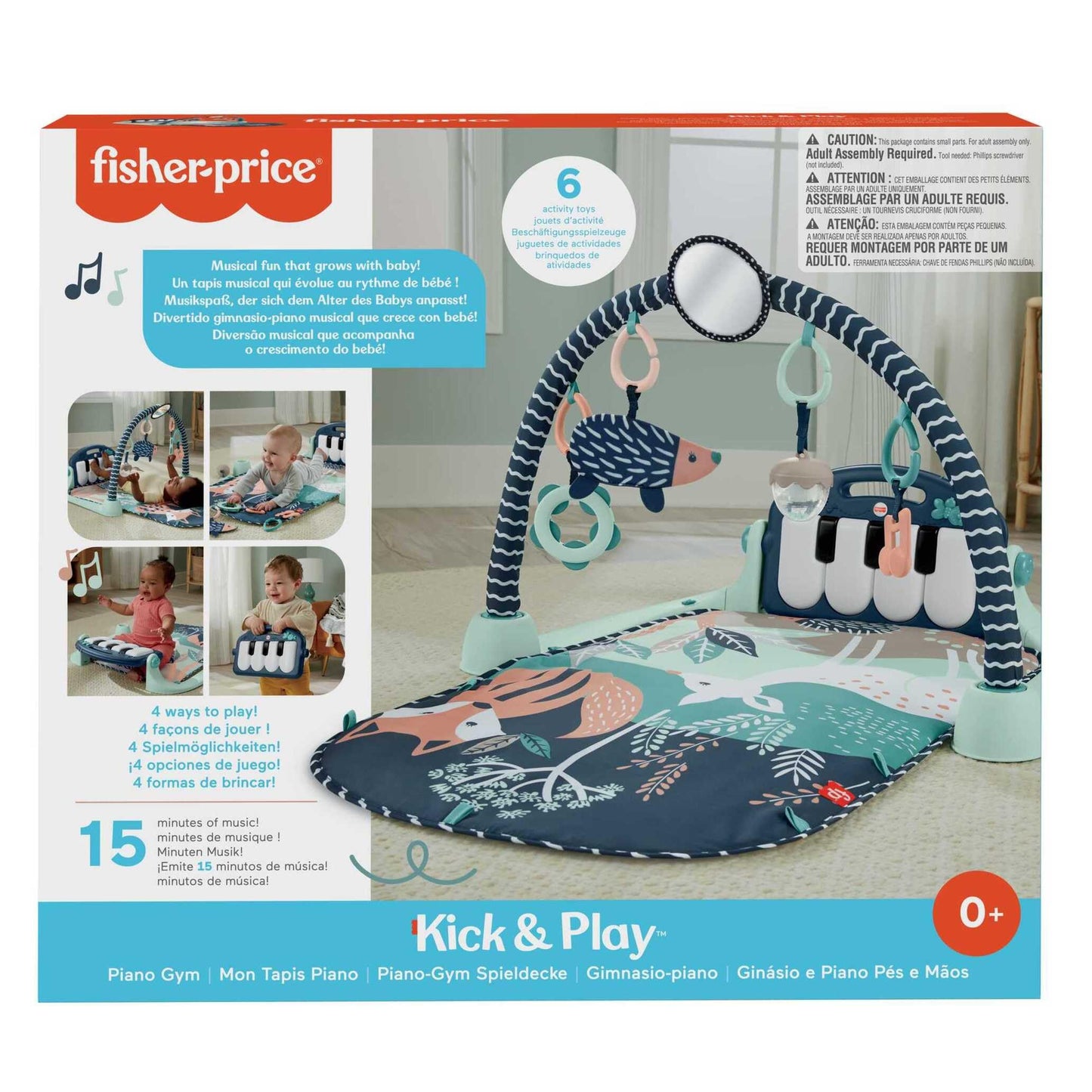 Fisher-Price Baby Playmat Kick & Play Piano Gym with colorful sensory toys, navy fawn design for newborns to toddlers.
