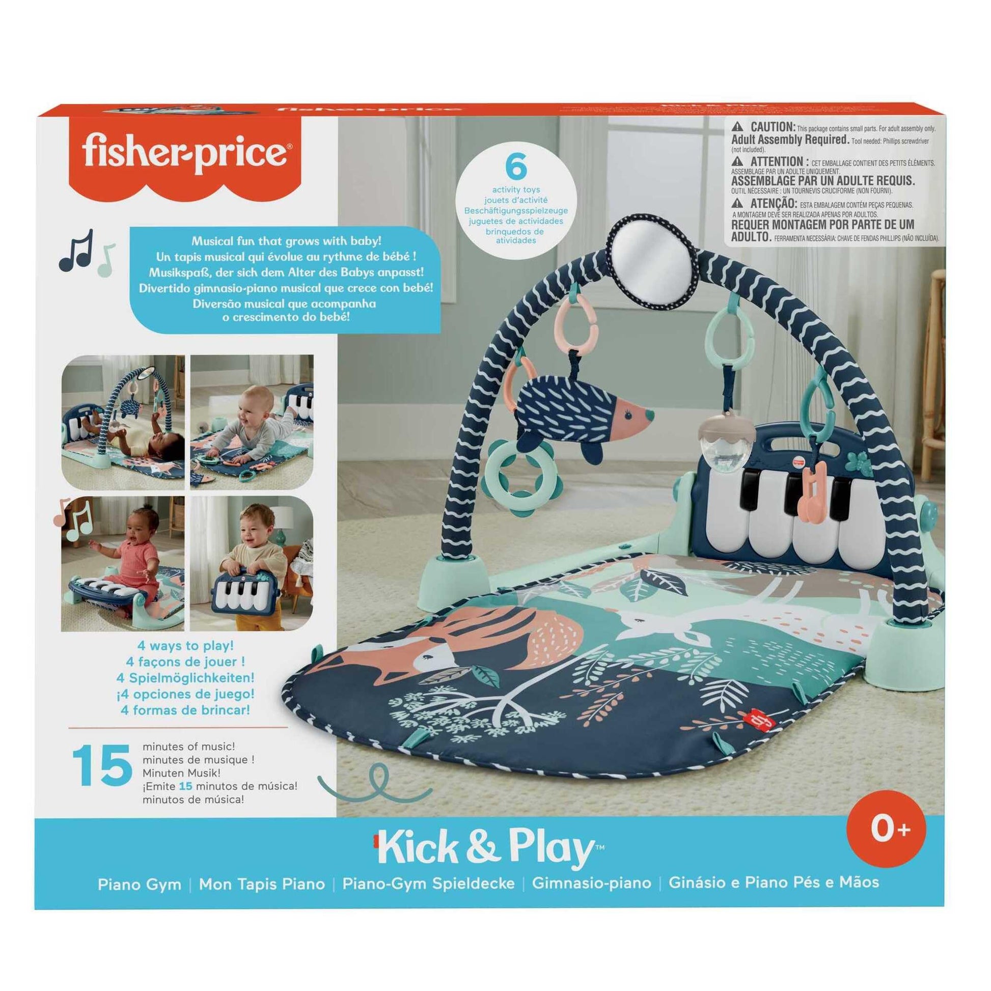 Fisher-Price Baby Playmat Kick & Play Piano Gym with colorful sensory toys, navy fawn design for newborns to toddlers.