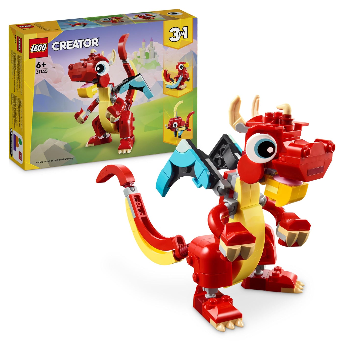 LEGO Creator 3in1 set featuring a red dragon, fish figure, and phoenix bird model for imaginative play and creativity.