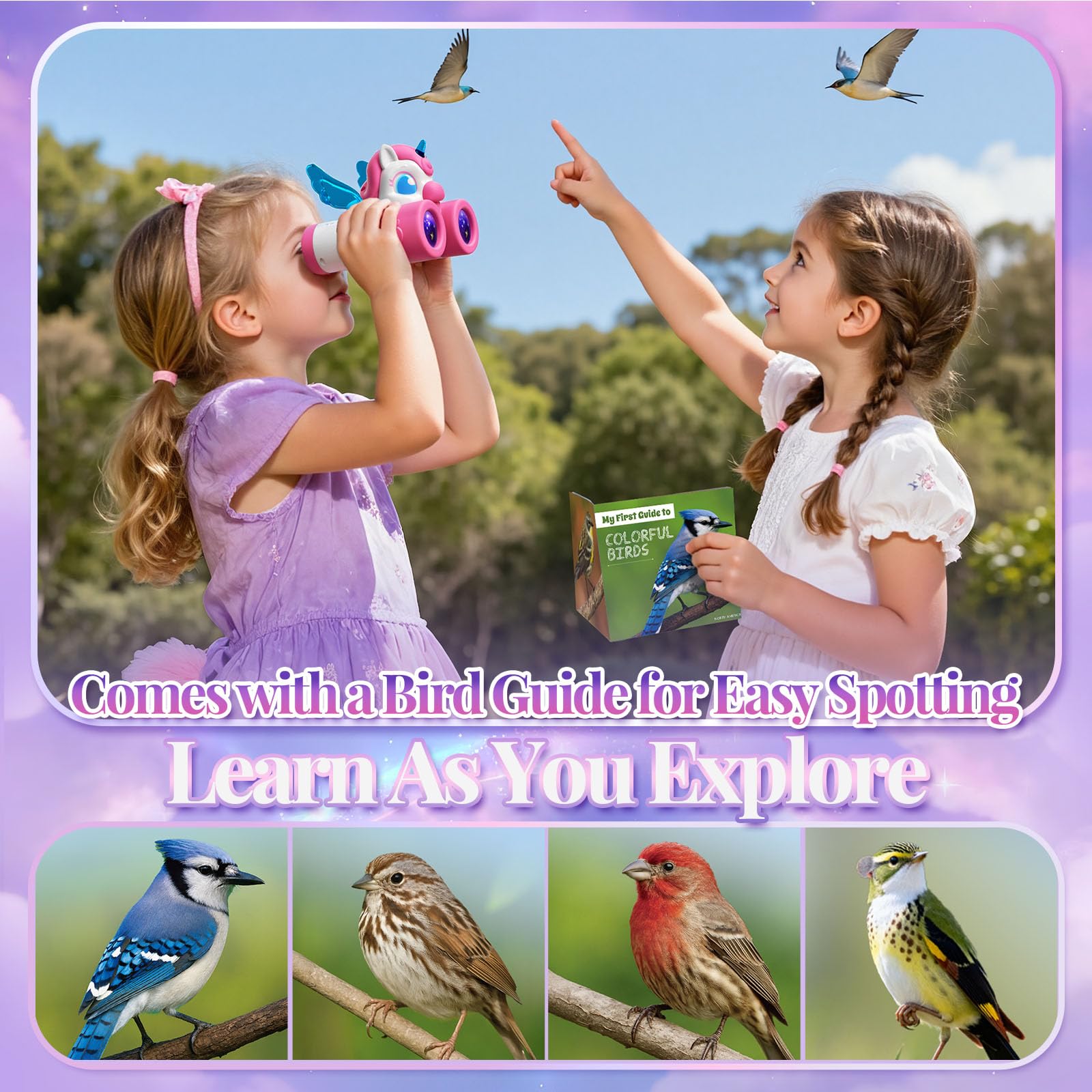Kidluna kids' binoculars with bird watching manual, colorful unicorn design, perfect for outdoor play and garden adventures for ages 3-9.