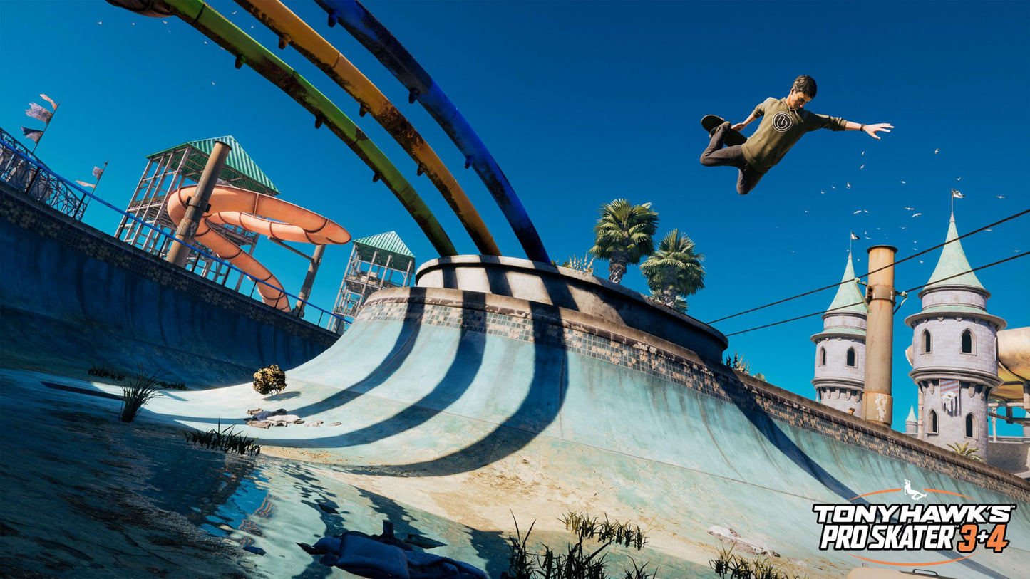 PlayStation 5 game case for Tony Hawk's Pro Skater 3+4 featuring skateboarder on the cover, with Xbox branding visible.