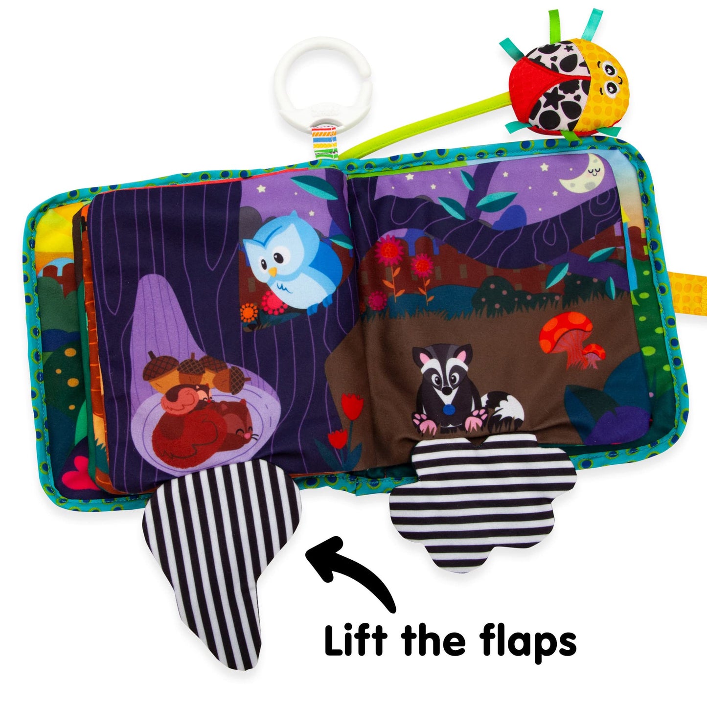 LAMAZE Bitty Bug Book sensory toy with colorful pages and sounds for newborn babies, clip-on for prams and pushchairs.