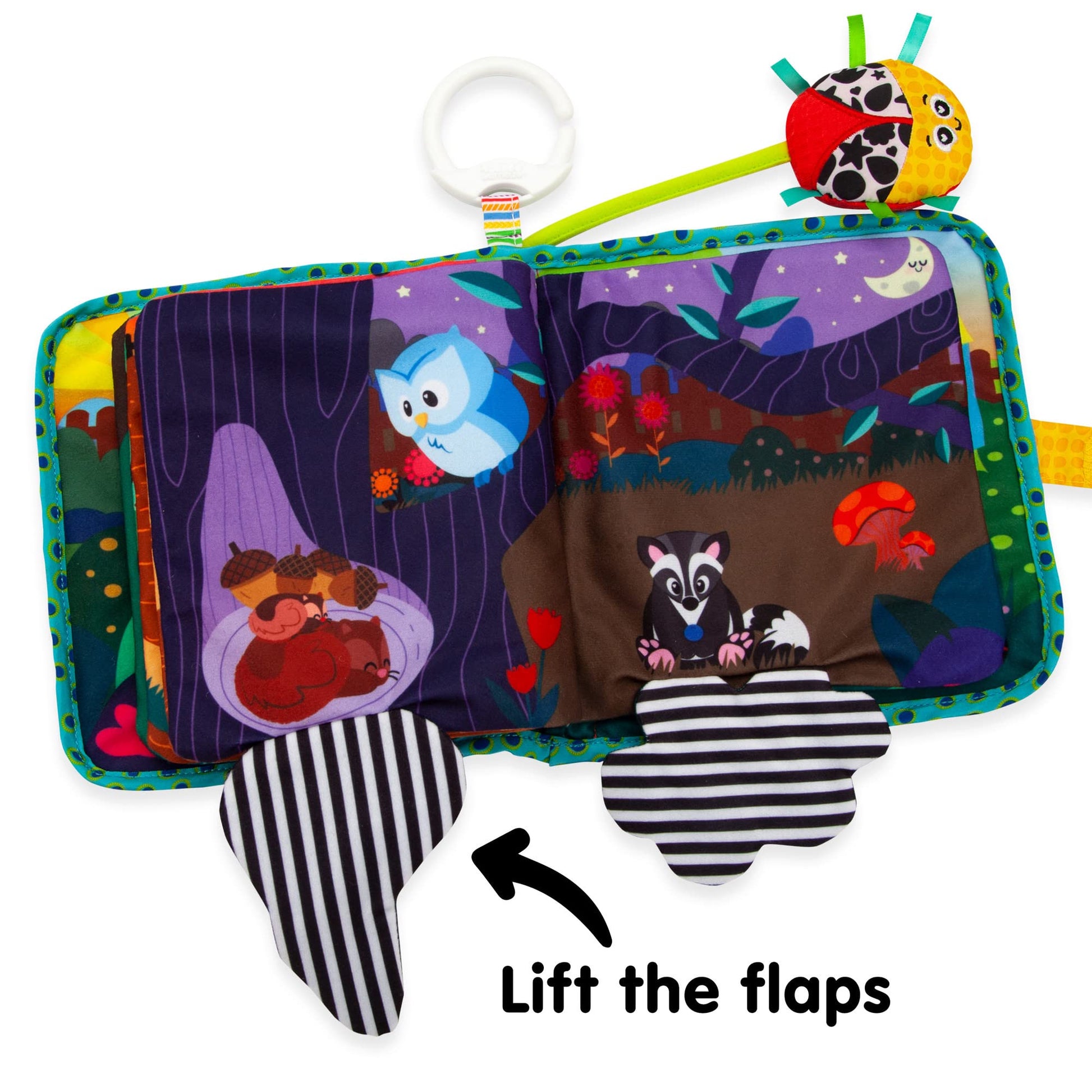 LAMAZE Bitty Bug Book sensory toy with colorful pages and sounds for newborn babies, clip-on for prams and pushchairs.
