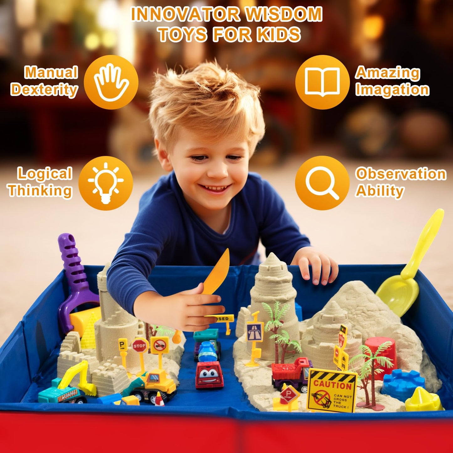 CROSOFMI Play Sand for Kids 2lbs Magic Sand with 6 Construction Vehicles 10 Road Signs and Foldable Sandbox and Moulds and Tools Toys for Boys Girls 3 4 5 6 7+ Year Old