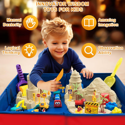 CROSOFMI Play Sand for Kids 2lbs Magic Sand with 6 Construction Vehicles 10 Road Signs and Foldable Sandbox and Moulds and Tools Toys for Boys Girls 3 4 5 6 7+ Year Old