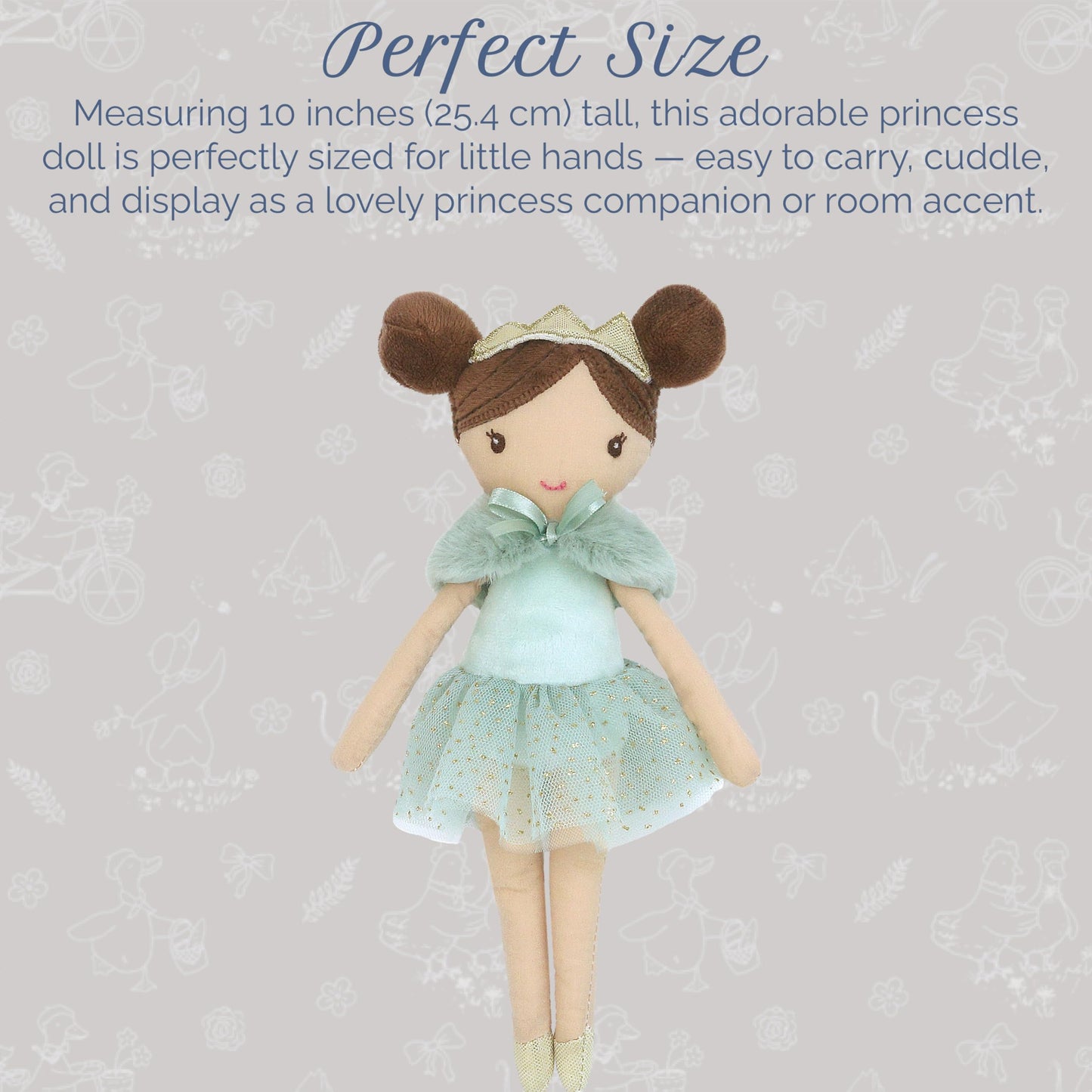 MON AMI Joelle The Princess Pocket Doll 10"/25 cm | Soft Plushie with Crown & Sparkly Dress | Mini Cuddly Doll for Playtime, Travel & All Ages