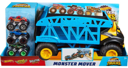 Hot Wheels GGB64 Monster Trucks set featuring three multicoloured toy cars on a vibrant display.