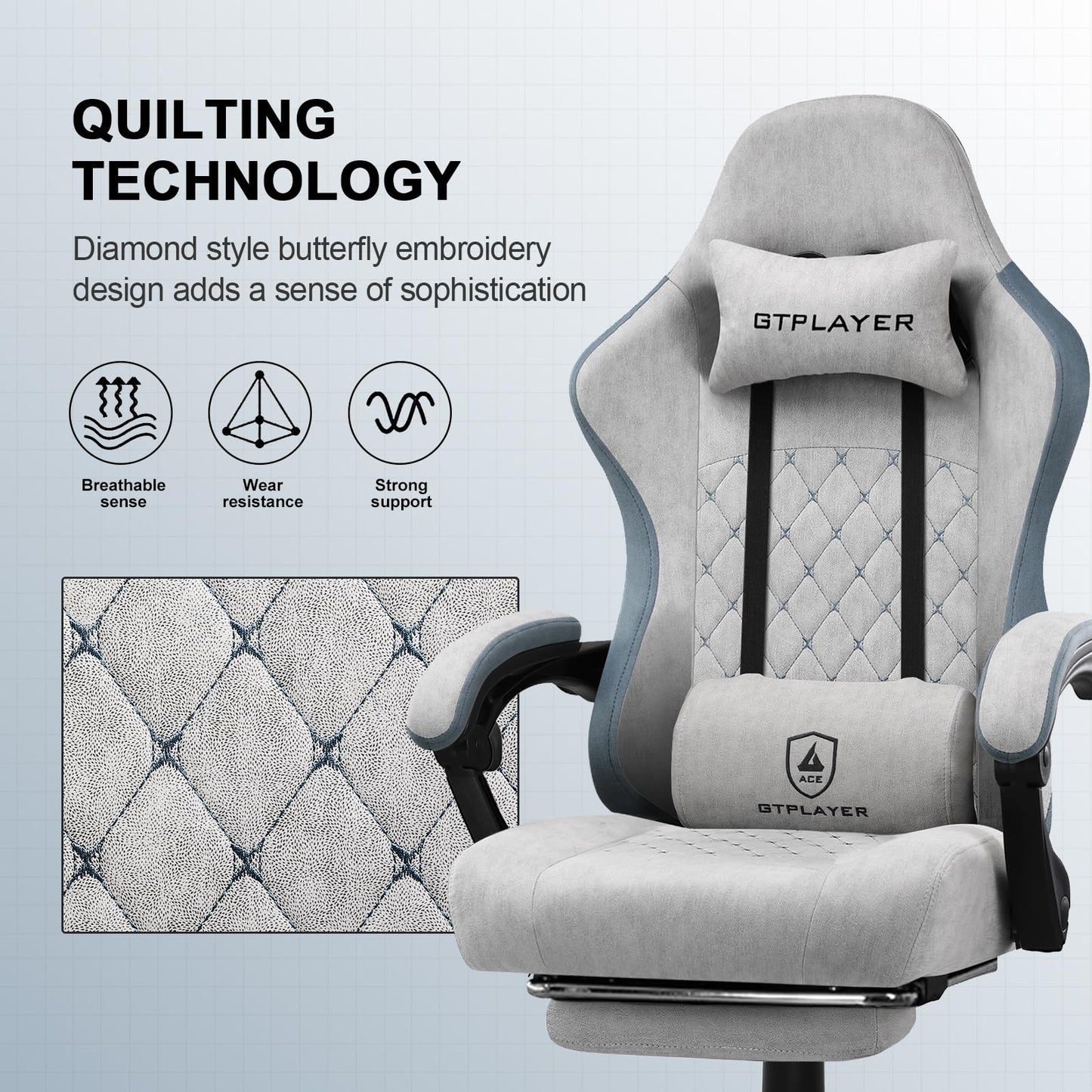 GTPLAYER Fabric Gaming Chair with Footrest, Ergonomic Computer Desk Chair with Pocket Spring Cushion Home Office High Back Support Lumbar Support Heavy Duty Wide