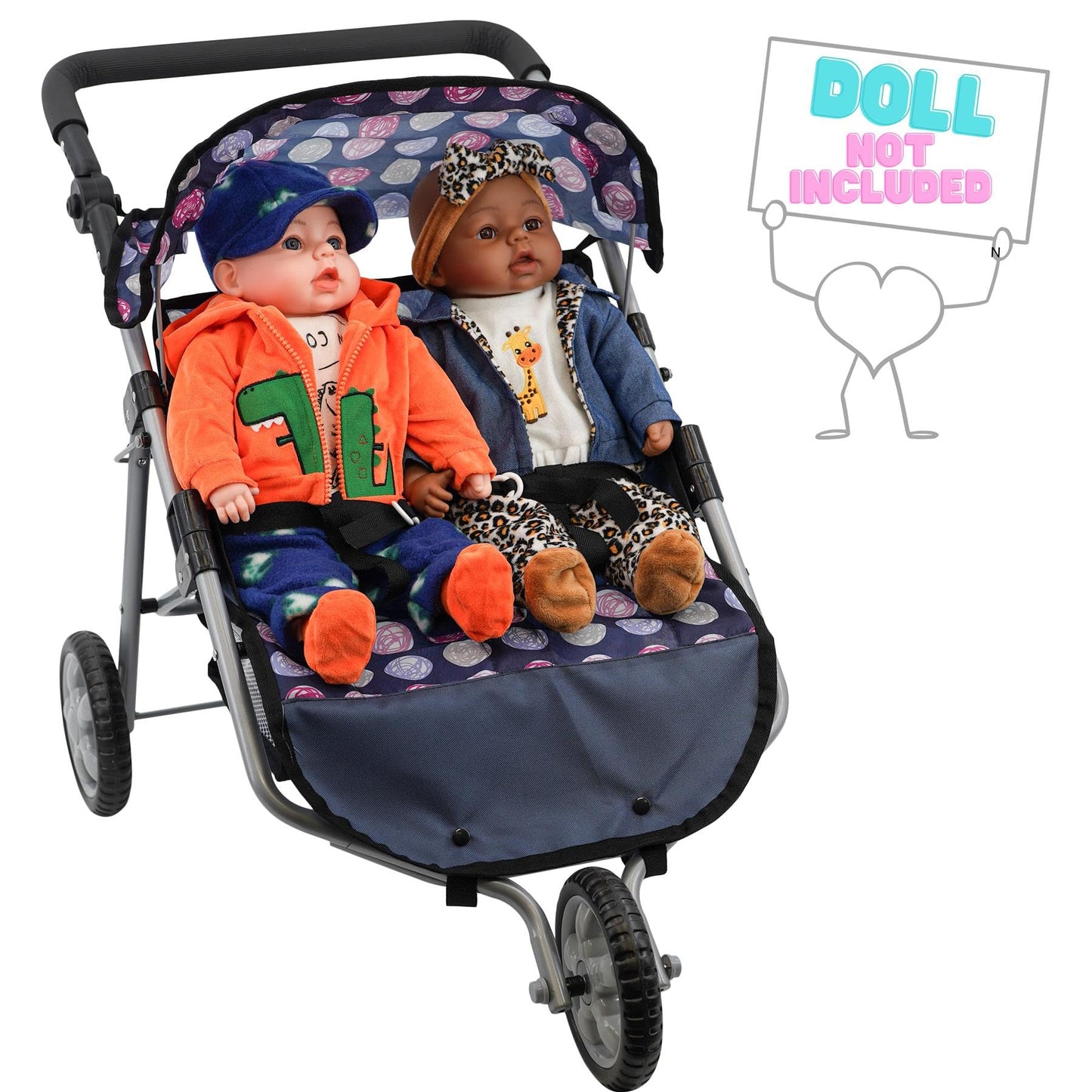 The Magic Toy Shop BiBi Doll Blue Twin Stroller, Ideal Twin Dolls Prams and Pushchairs - Adjustable Canopy and Handle, Under Storage Space, Collapsible - Dolls Double Buggy Toy Pram Double Dolls Pram