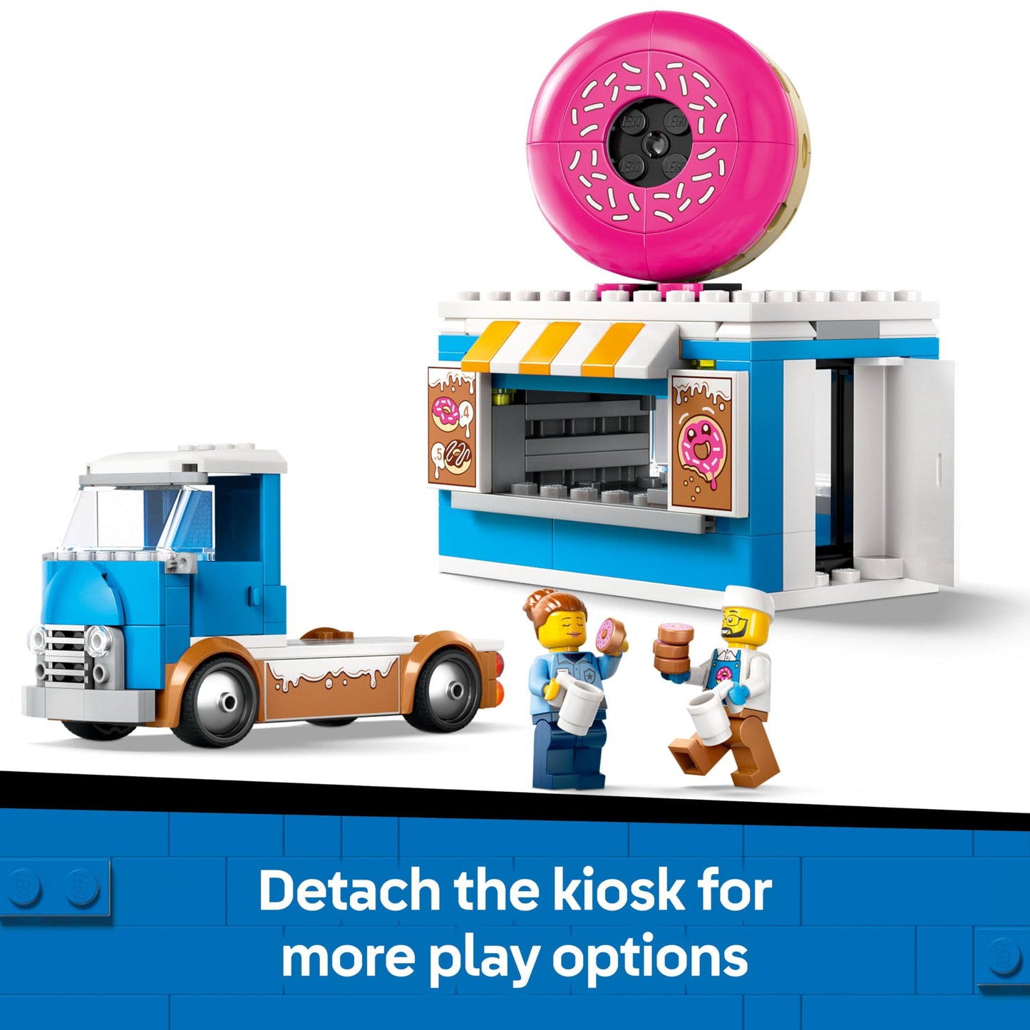 LEGO City Donut Truck toy featuring 2 minifigures and a colorful mobile food stand with accessories for creative play.
