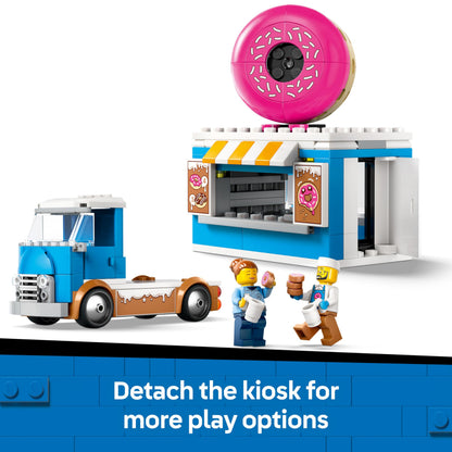 LEGO City Donut Truck toy featuring 2 minifigures and a colorful mobile food stand with accessories for creative play.
