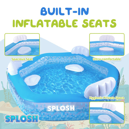 Splosh Inflatable Family Swimming Pool With Seats - For Kids & Adults - Large Hexagonal Paddling Pool 2.23m x 2.11m - Easy To Inflate - Kids Paddling Pools For Garden