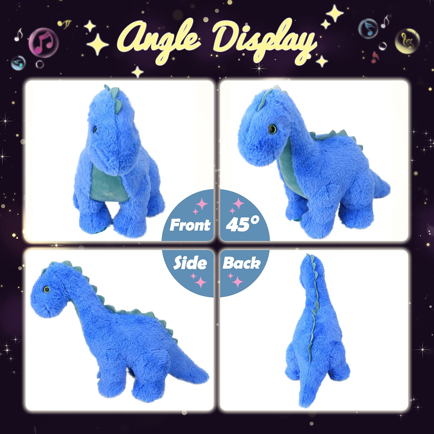 Hopearl LED Musical Stuffed Dinosaur Light up Singing Diplodocus Soft Plush Toy with Long Neck Adjustable Volume Lullaby Animated Soothe Gifts for Kids Toddlers, Blue, 16''