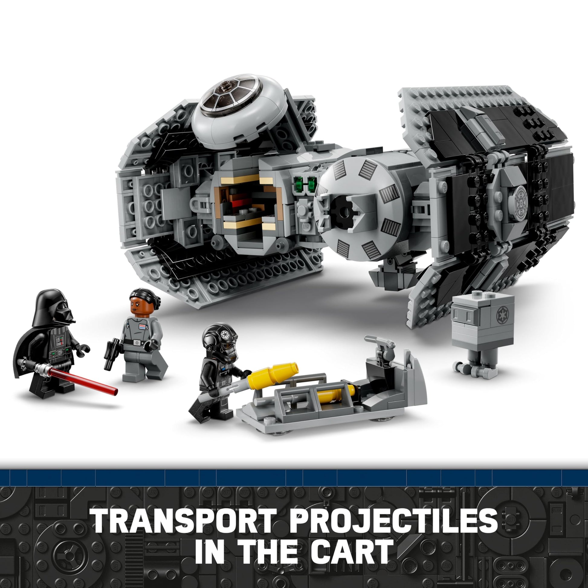 LEGO Star Wars 75347 TIE Bomber model with Darth Vader minifigure and Gonk Droid, featuring torpedo-dropping function.