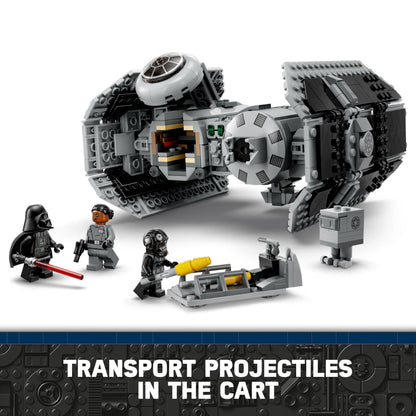 LEGO Star Wars 75347 TIE Bomber model with Darth Vader minifigure and Gonk Droid, featuring torpedo-dropping function.