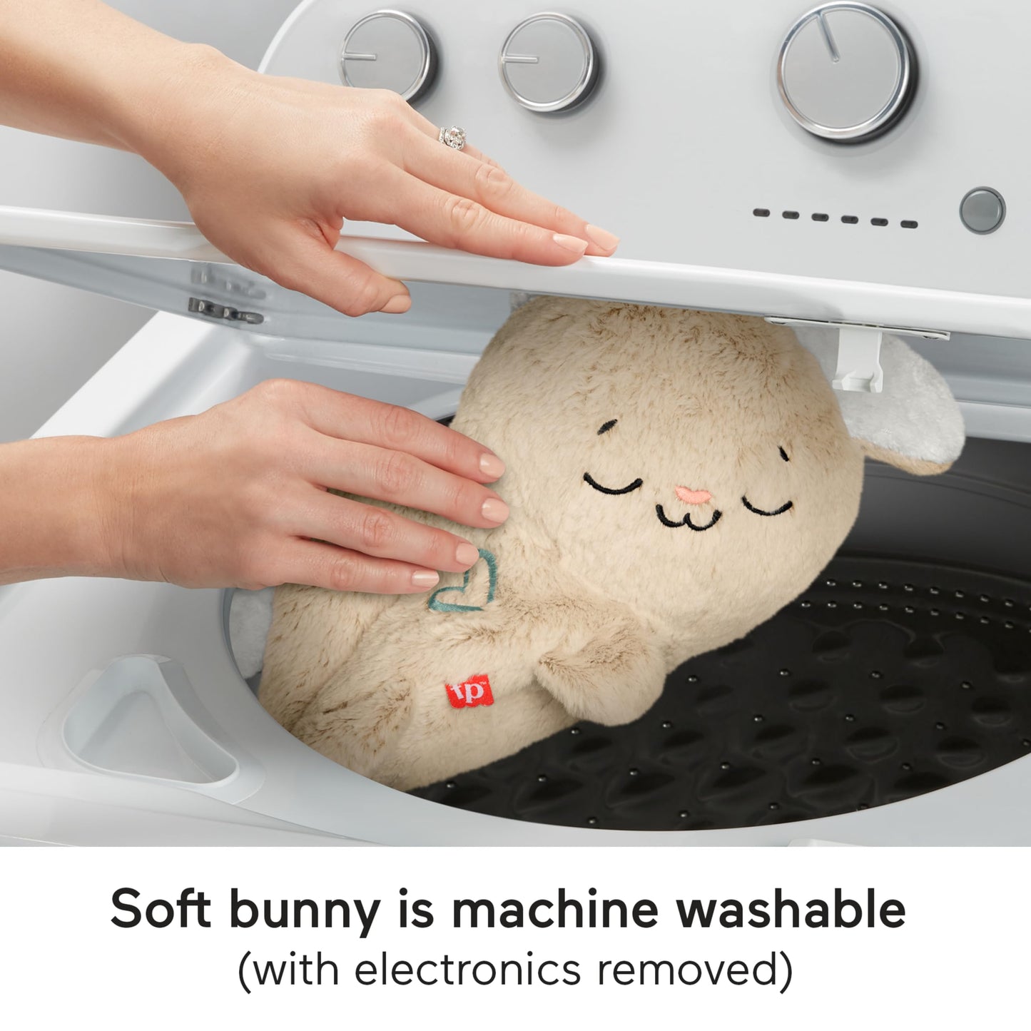 Fisher-Price Baby Sound Machine Soothe & Settle Bunny plush toy with music, lights, and motion for newborns.