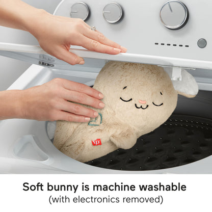Fisher-Price Baby Sound Machine Soothe & Settle Bunny plush toy with music, lights, and motion for newborns.