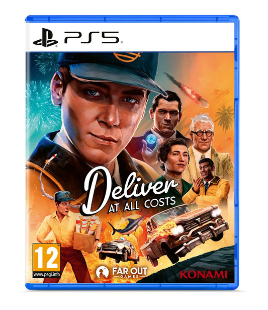 Cover art for Deliver At All Costs PlayStation 5 game by Konami, featuring futuristic graphics and bold title text.