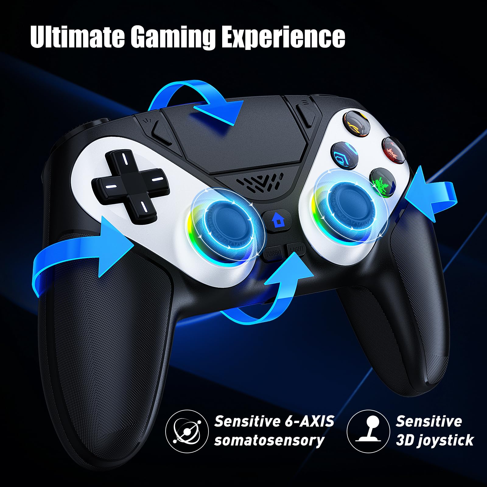 Dinosoo RGB wireless PS5 controller with back paddles, 6-axis motion, turbo, dual vibration, and 3.5mm audio jack on slim/PC.