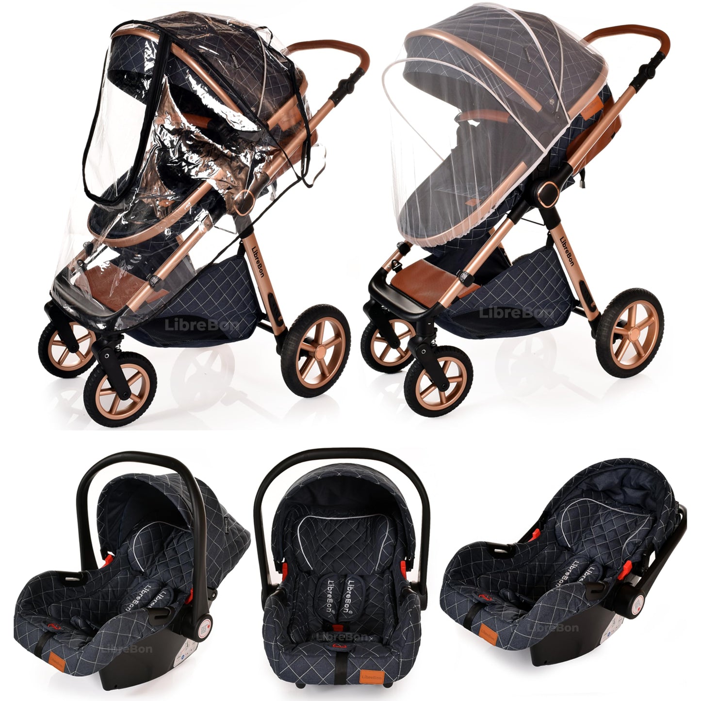 Boneelook 3-in-1 baby stroller with blue denim fabric, lightweight aluminum frame, and rose gold accents for newborns and toddlers.