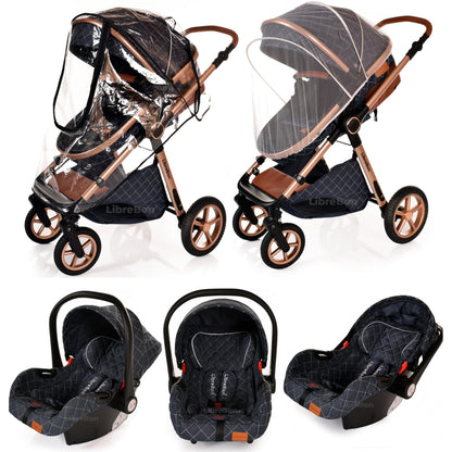 Boneelook 3-in-1 baby stroller with blue denim fabric, lightweight aluminum frame, and rose gold accents for newborns and toddlers.