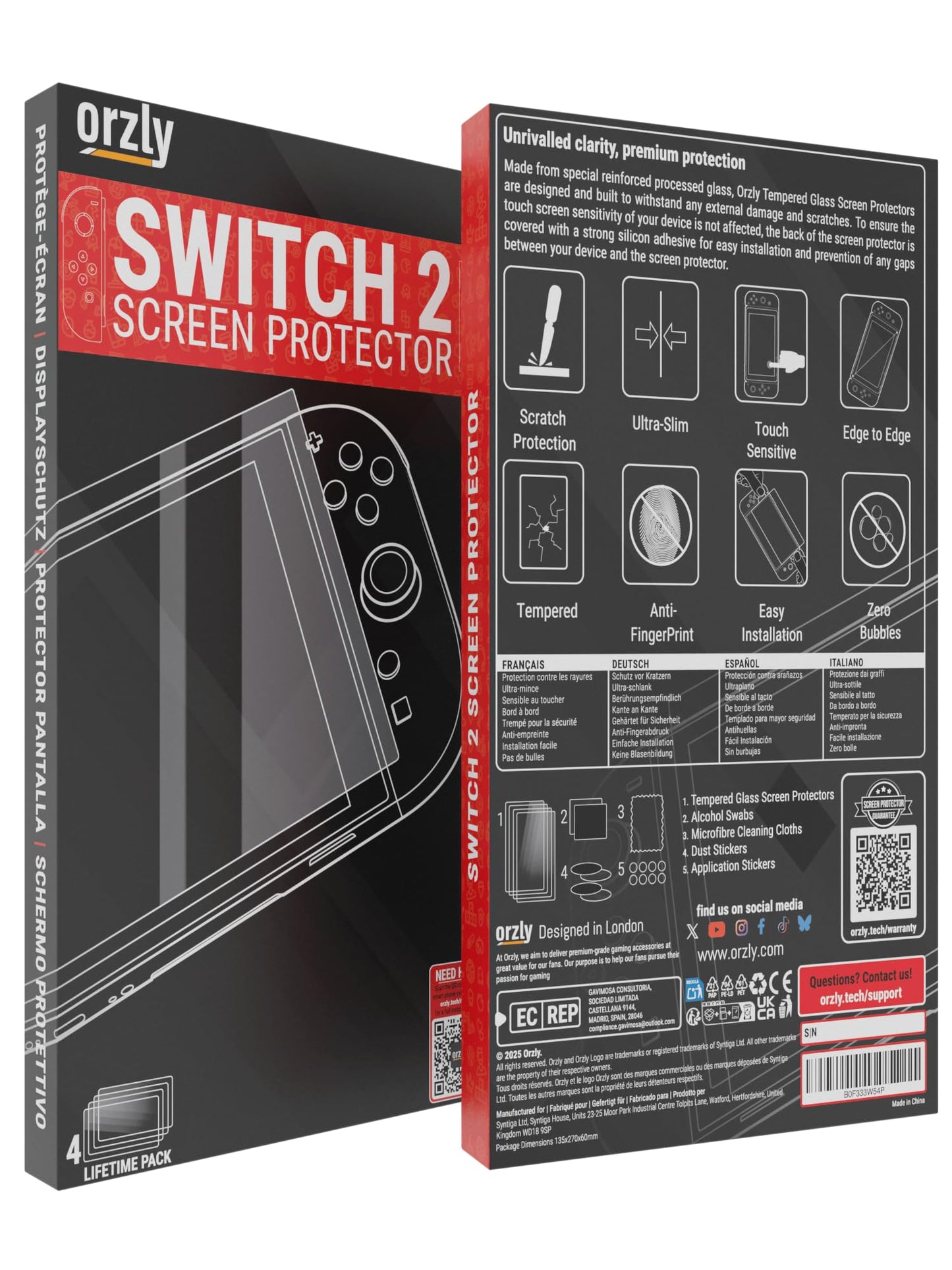 Orzly glass screen protector for Nintendo Switch 2, 7.9-inch, 4-pack, anti-scratch, bubble-free, easy to install.